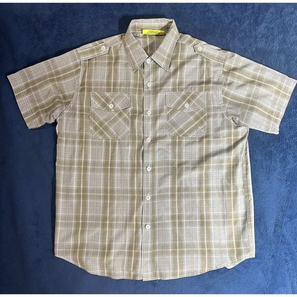 AKADEMIKS SHIRT MENS LARGE SHORT SLEEVE BUTTON UP BROWN PLAID